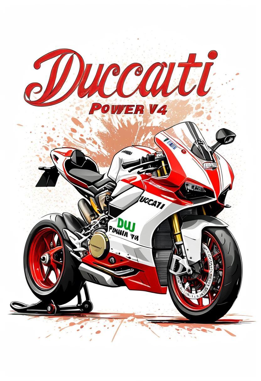 vintage tshirt print design (on a white background:1.2), digital art of a Ducati Panigale V4 superbike front view with the Italian flag subtly incorporated into the design and the writing 'Panigale Power' ,(comics style:1.2), highly detailed, 4k, masterpiece.The white background should be separated from the main image for easier removal.