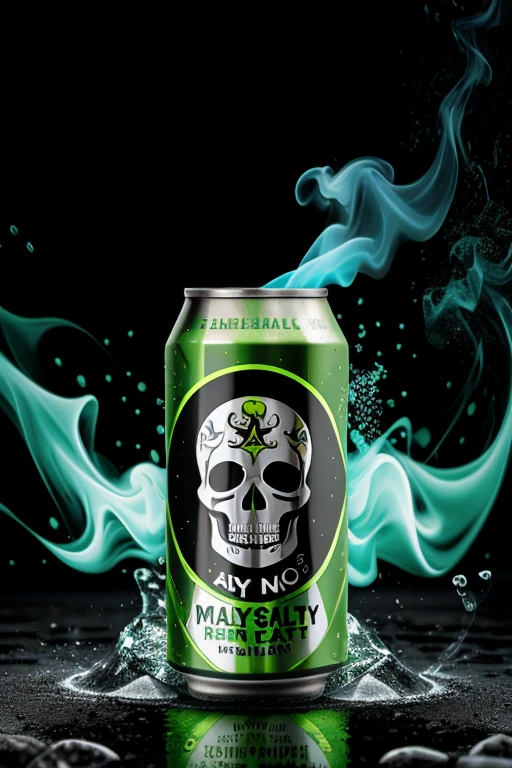 energy drink in a skull-shaped can., A puddle of drink on ice, toxic, green smoke, toxicity alerts ((Best Quality)), ((masterpiece)), (detailed)(toxicity at its best)