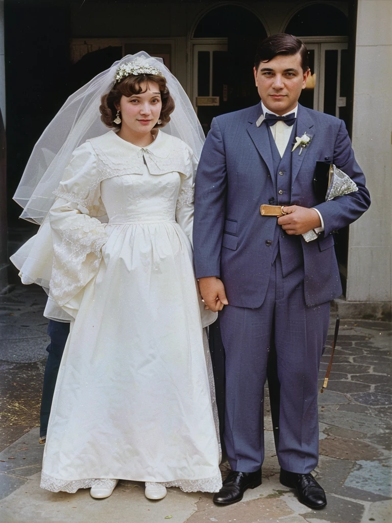 The girlfriend and the boyfriend in formal attire standing in front of a building, Mom and Dad, color photo, colored photo, a colored photo, old color photograph, wedding photo, old color photo, colored photo, historical image, colored, color photo de época, restored color, The girlfriend and the boyfriend, colored photo, Color photography from the 60s., late 1960s