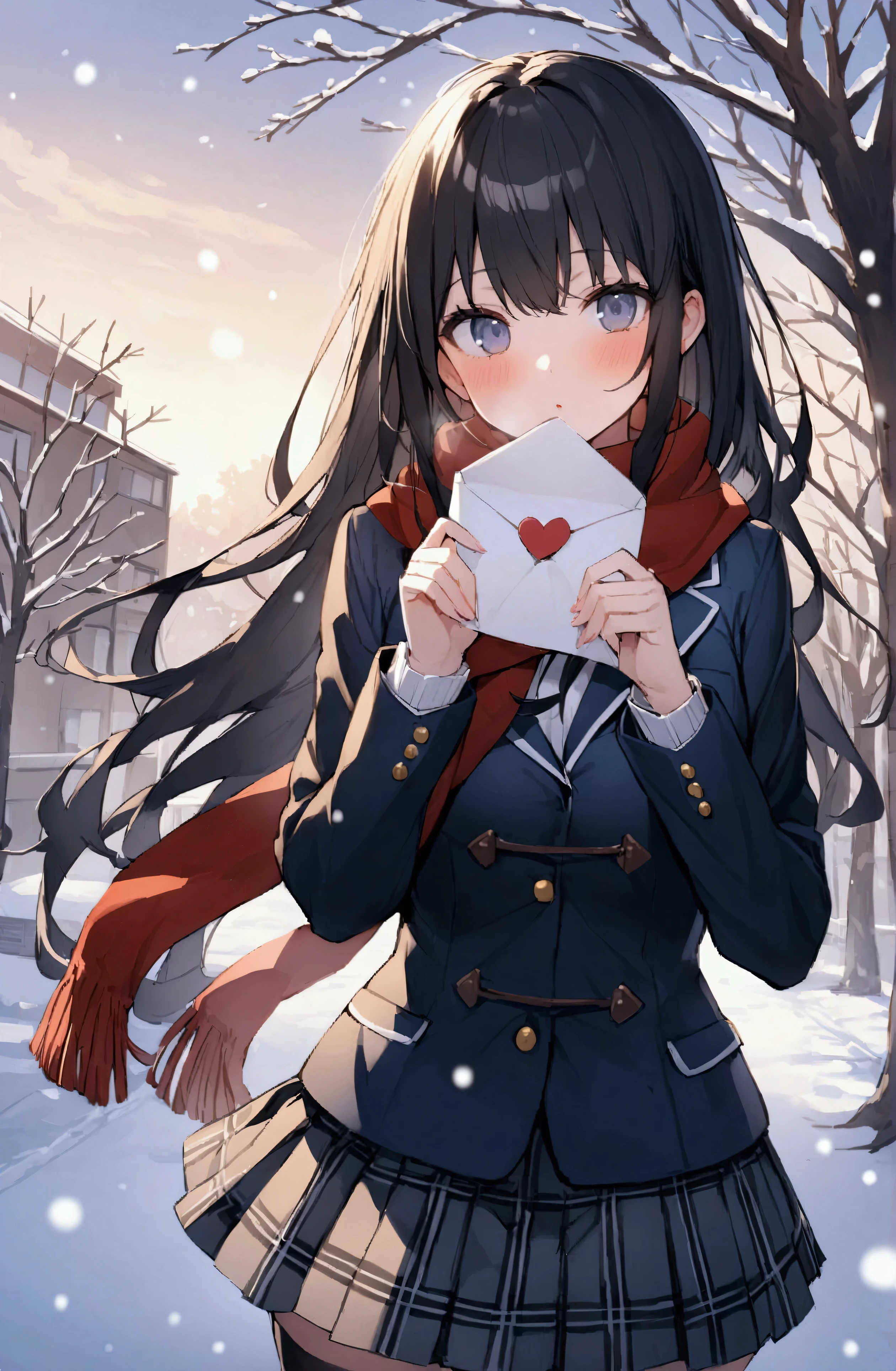 One Woman、beautiful girl、after school、evening、high school girl、Academy、Back of the school building、Schoolyard、winter、Under a big tree、It&#39;s snowing、Snowfall、Blazer uniform、Pleated skirt、Duffle coat、Black knee-high socks、Long Hair、Wearing a scarf、Highest quality,  Thick thighs、Big 、Black Hair、The girl is blushing、To the audience、Holding a love letter in both hands、Present a love letter to the audience、White Breath、Handing a love letter to the audience