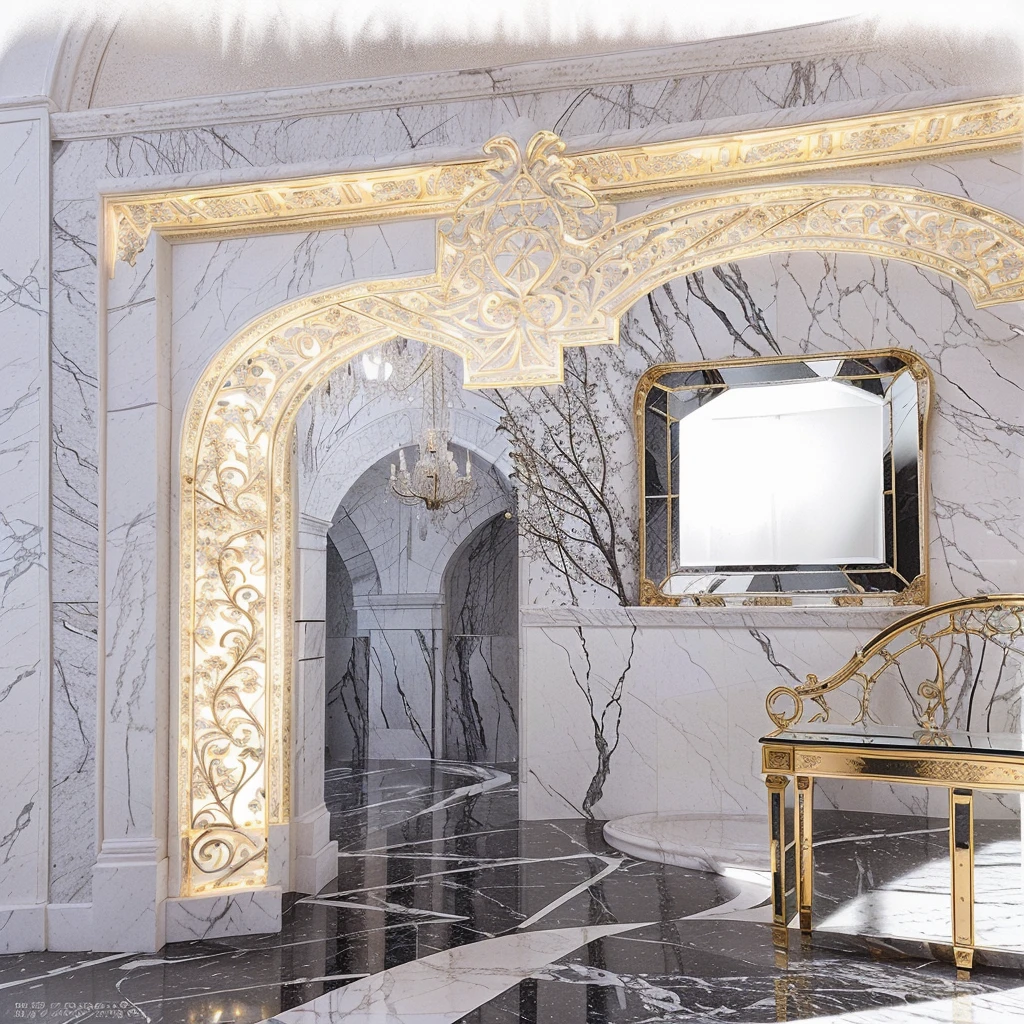 There is an 82cm x 25cm x 82cm MIRROR OF ENCHANTMENT CLASSIC on the wall which is the visual focus ，DIOR advertising style，furniture advertising graphic photography, italian castle, stucco wall,Black and white marble floor、 Italian masterpiece, Great masterpiece，Elegant