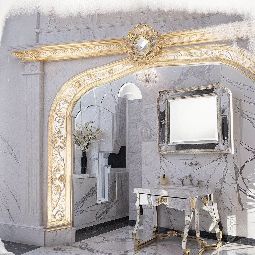 There is an 82cm x 25cm x 82cm MIRROR OF ENCHANTMENT CLASSIC on the wall which is the visual focus ，DIOR advertising style，furniture advertising graphic photography, italian castle, stucco wall,Black and white marble floor、 Italian masterpiece, Great masterpiece，Elegant