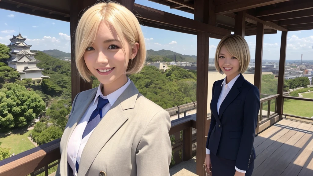 A female announcer is broadcasting live from Himeji Castle.。Blonde Short Hair。smile、In a suit