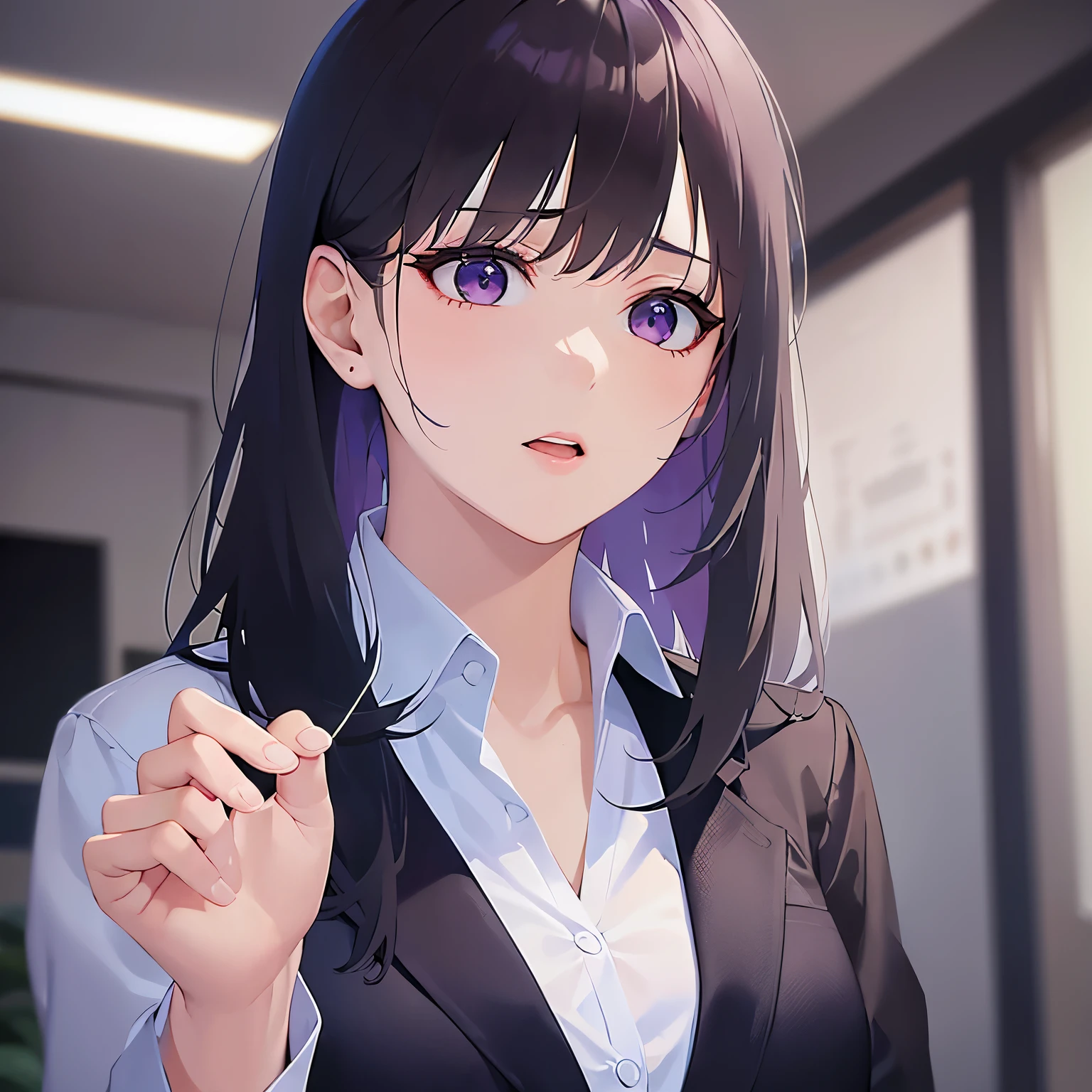 side ungle,Upper Body,(looking away:1.5)、Pointing out、 Realistic, real person, (pale skin: 1.2), RAW photo, photorealistic, shiny skin, shiny hair、(A 25-year-old woman with straight hair and bangs) and (medium hair) and (black hair) and (purple eyes) , (Wearing a business suit:1.5) and (Wearing a white collared shirt)、Serious, open mouth,Background is an office room、Alone、Are standing、