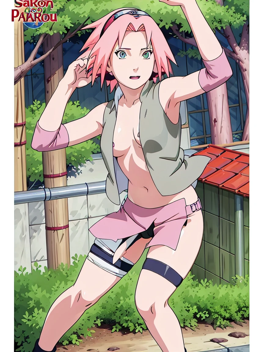 Sakura Haruno nude,wide hips,abdomen,sexy ,Show your armpits,jump,On the tree,IPST,(( naked,Torn shirt,full body,sleep, In the forest,open shirt,nipple))