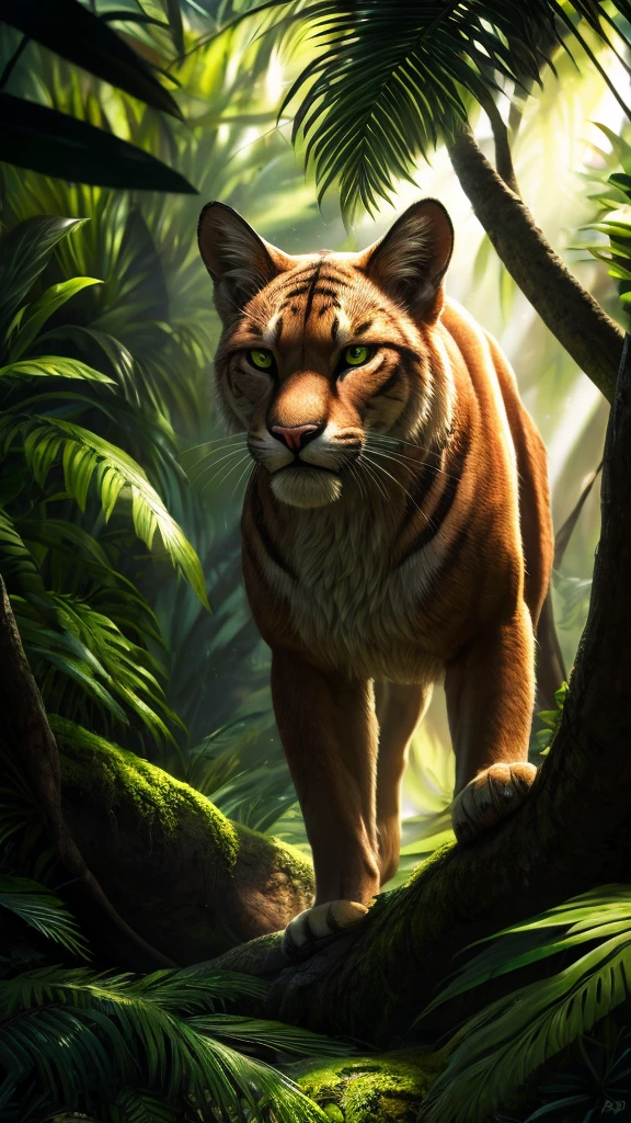 A photorealistic puma in the lush jungle, (best quality,4k,8k,highres,masterpiece:1.2),ultra-detailed,(realistic,photorealistic,photo-realistic:1.37),HDR,UHD,studio lighting,extreme detail description,professional,vivid colors,bokeh,wildlife,feline,predator,fierce,powerful,alert,on the prowl,dense foliage,tropical plants,sunlight filtering through leaves,moody atmosphere