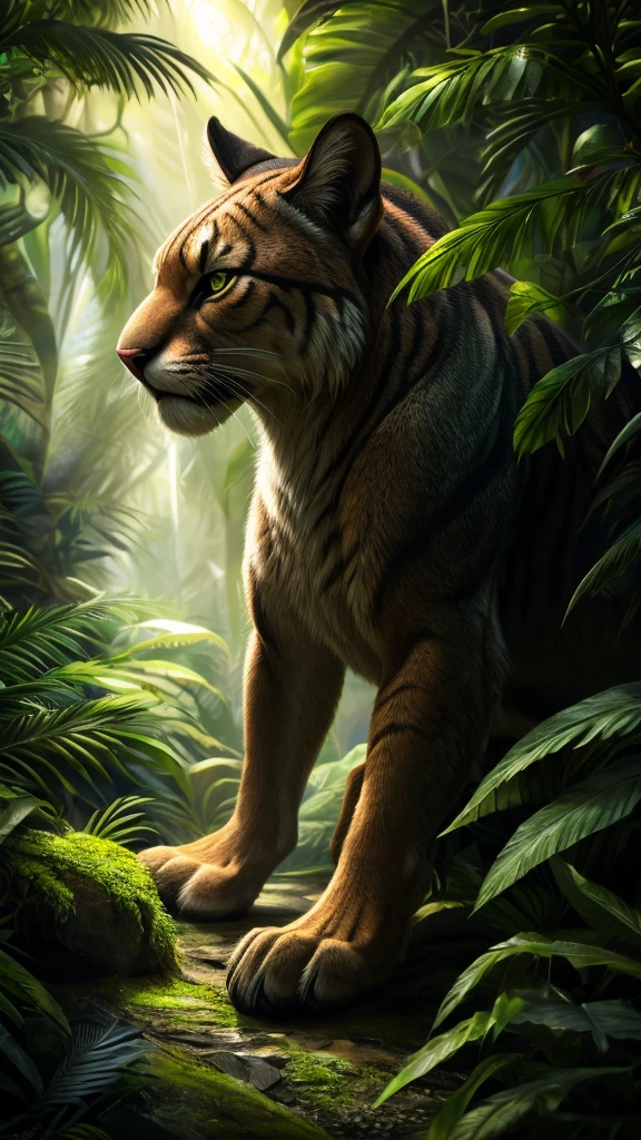 A photorealistic puma in the lush jungle, (best quality,4k,8k,highres,masterpiece:1.2),ultra-detailed,(realistic,photorealistic,photo-realistic:1.37),HDR,UHD,studio lighting,extreme detail description,professional,vivid colors,bokeh,wildlife,feline,predator,fierce,powerful,alert,on the prowl,dense foliage,tropical plants,sunlight filtering through leaves,moody atmosphere