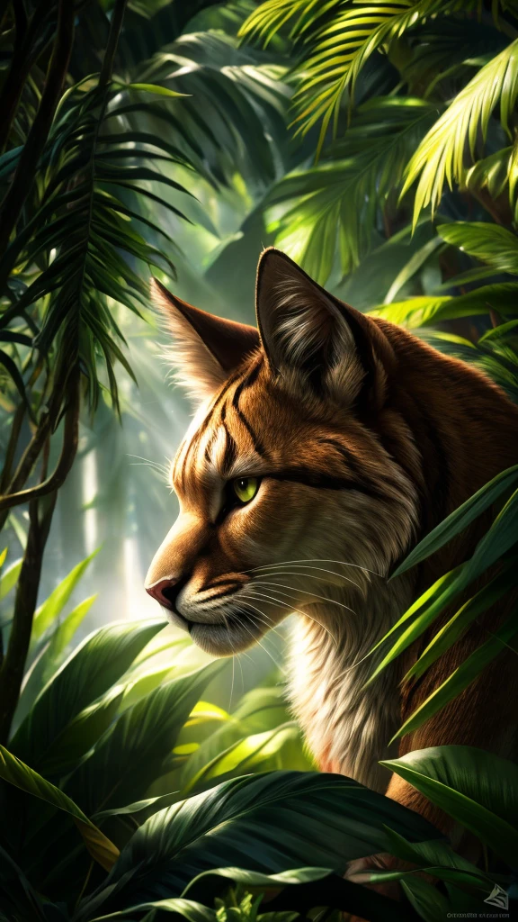 A photorealistic puma in the lush jungle, (best quality,4k,8k,highres,masterpiece:1.2),ultra-detailed,(realistic,photorealistic,photo-realistic:1.37),HDR,UHD,studio lighting,extreme detail description,professional,vivid colors,bokeh,wildlife,feline,predator,fierce,powerful,alert,on the prowl,dense foliage,tropical plants,sunlight filtering through leaves,moody atmosphere