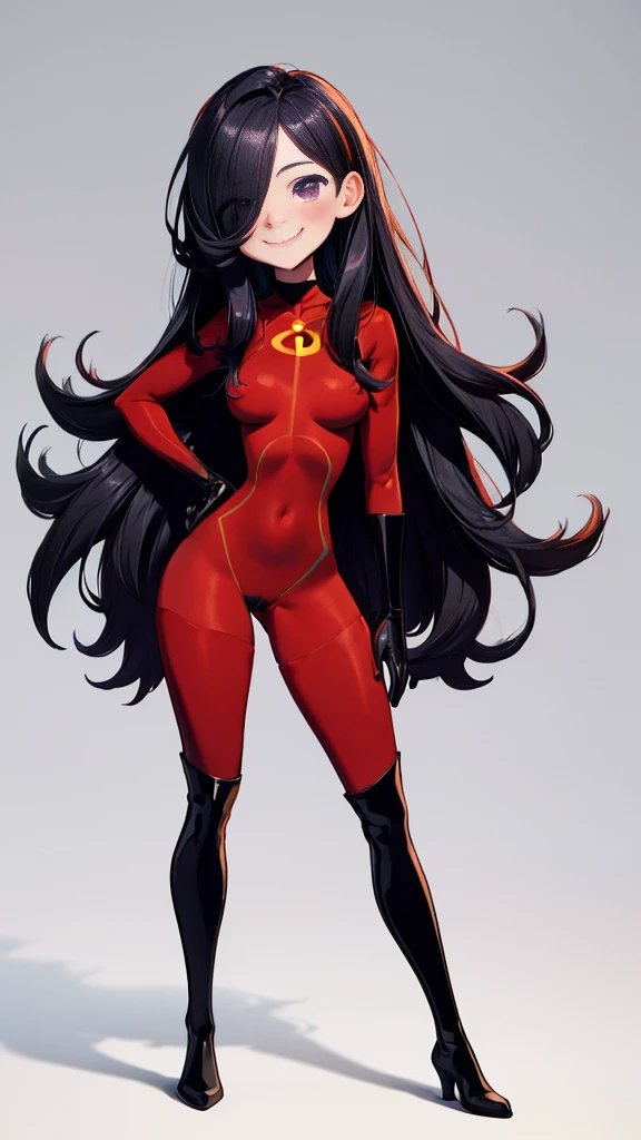 (full body),masterpiece, Highest quality, One Girl, purple, Long Hair, Black Hair,  Hair on one eye,  (Red Hero Suit)，Red bodysuit，black elbow gloves，Black thigh-high boots，Thick thighs，Place one hand on hip，upright，View your viewers, smile, Simple Background 