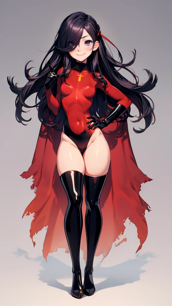 (full body),masterpiece, Highest quality, One Girl, purple, Long Hair, Black Hair,  Hair on one eye,  (Red Hero Suit)，Red bodysuit，black elbow gloves，Black thigh-high boots，Thick thighs，Place one hand on hip，upright，View your viewers, smile, Simple Background 