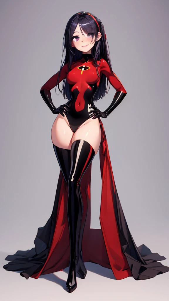 (full body),masterpiece, Highest quality, One Girl, purple, Long Hair, Black Hair,  Hair on one eye,  (Red Hero Suit)，Red bodysuit，black elbow gloves，Black thigh-high boots，Thick thighs，Place one hand on hip，upright，View your viewers, smile, Simple Background 