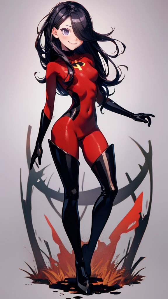 (full body),masterpiece, Highest quality, One Girl, purple, Long Hair, Black Hair, Hair on one eye, (Red Hero Suit),Red bodysuit,black elbow gloves,Black thigh-high boots,Thick thighs,Place one hand on hip,upright,View your viewers, smile, Simple Background