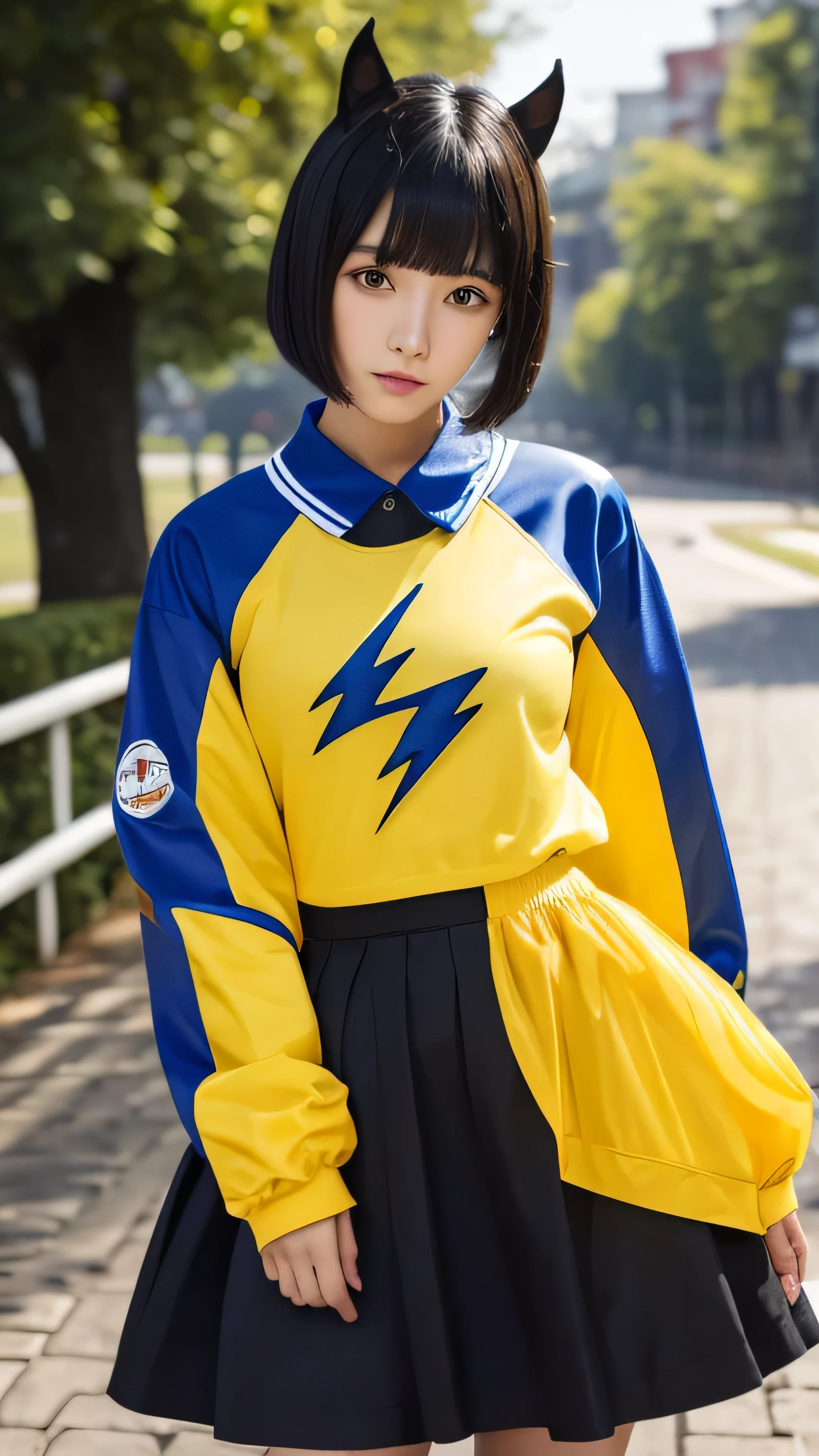 Full Body Focus,Deep Impact personified,Horse-eared beauty,Horse tail,Horse Girl,Based on black, yellow and blue、Clothing with a lightning motif,Highest quality,Sharp focus,Short hair with bangs