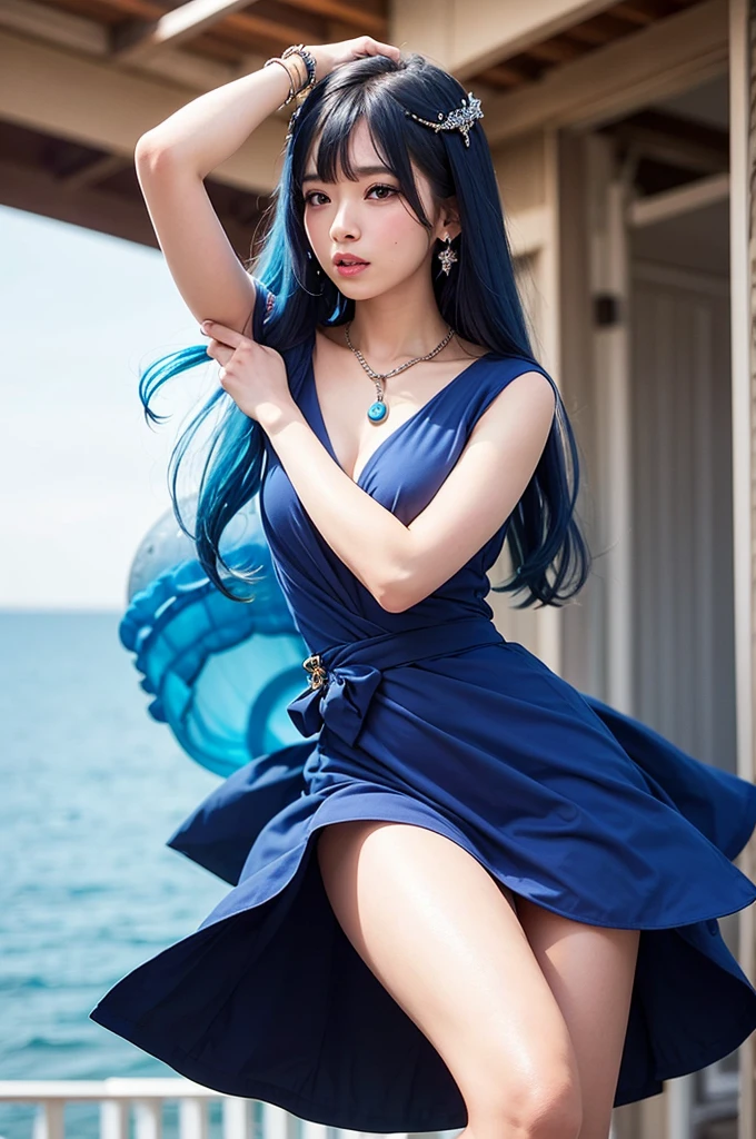 best quality, skill, fine hair, height, (((itching))) ,necklace, hair accessories, (Beautiful face), blue dress, look at viewer, blue hair, stand, （Above the waist），jellyfish