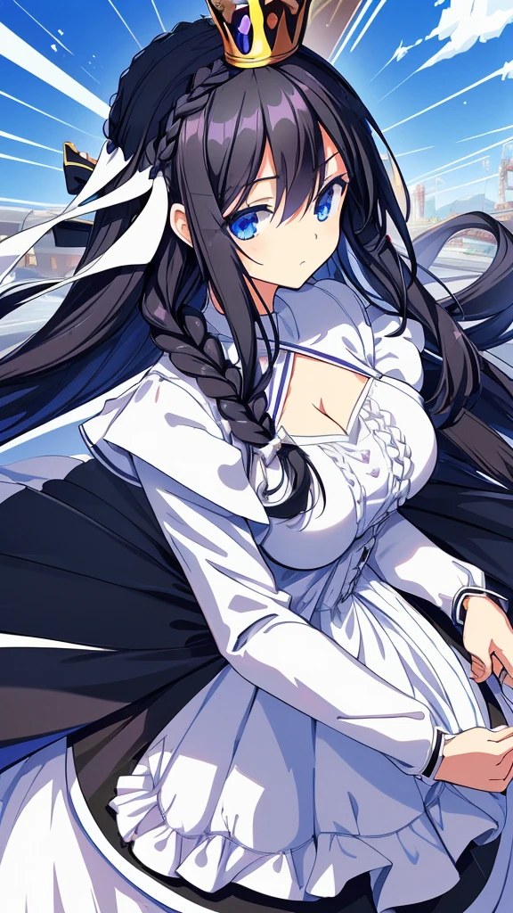 best quality, extremely detailed,anime style girl,long hair down to the waist, straight hair, ((dark black hair with bluish)),((crown braid)),beautiful detailed eyes, pinched eyes, (dark blue eyes),huge breasts,curvy,((((white main casual princess dress)))),clothing with complex patterns,cool expression,((western street)),Sunlight,((Diagonal angle)),dynamic angle