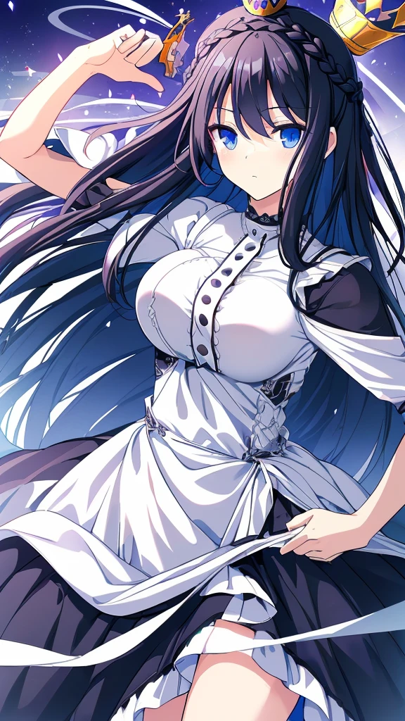 best quality, extremely detailed,anime style girl,long hair down to the waist, straight hair, ((dark black hair with bluish)),((crown braid)),beautiful detailed eyes, pinched eyes, (dark blue eyes),huge breasts,curvy,((((white main casual princess dress)))),clothing with complex patterns,cool expression,((western street)),Sunlight,((Diagonal angle)),dynamic angle