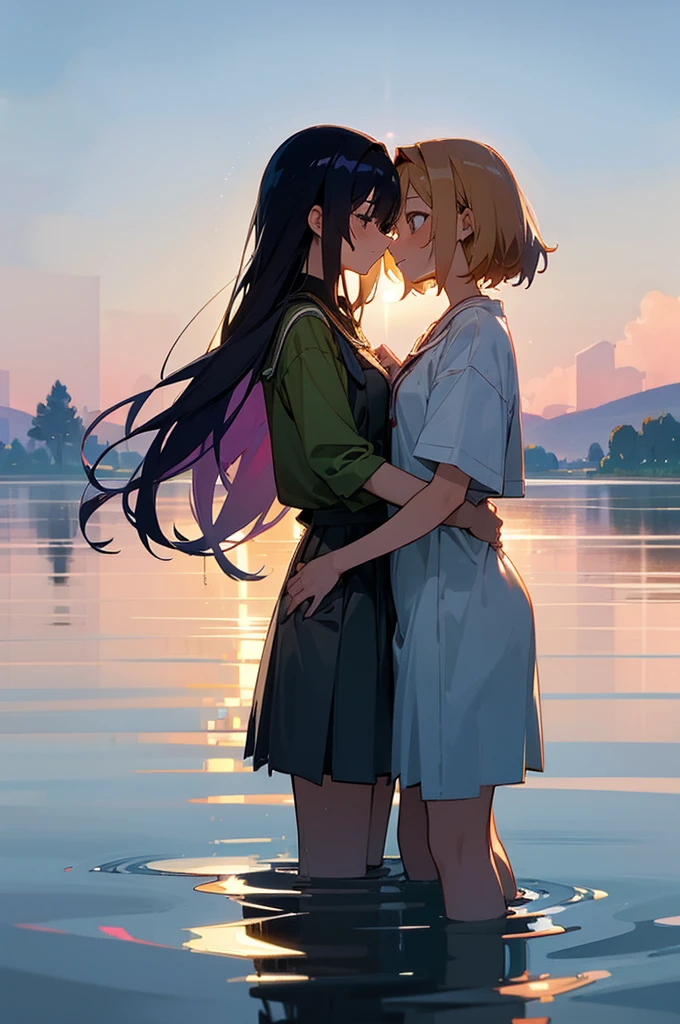 (masterpiece,high quality),2 Girls,yori,Anime Girl,Look at each other,Hug each other,Gentle eyeedium chest,Wet shirt,(Standing in the lake),morning glow:1.2,Side view