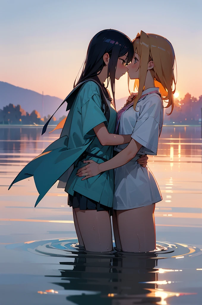 (masterpiece,high quality),2 Girls,yori,Anime Girl,Look at each other,Hug each other,Gentle eyeedium chest,Wet shirt,(Standing in the lake),morning glow:1.2,Side view