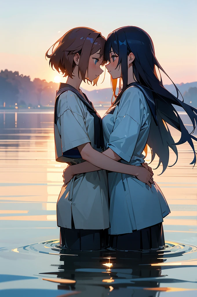 （masterpiece，high quality），2 Girls，yori，Anime Girl，Look at each other，Hug each other，Gentle eyeedium chest，Wet shirt，（Standing in the lake），morning glow：1.2，Side view
