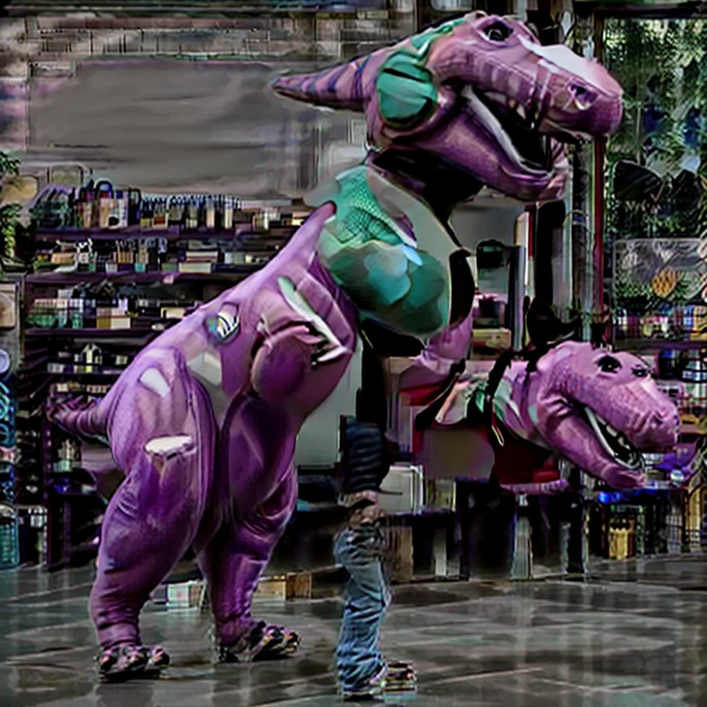 (raw photo, masterpiece, best quality, high detail), (8k, full frame, photorealistic, realistic), photo of a (dinosaur:1.4 barney:1.4 worker) working:1.6 at a computer, cubicle, office job,