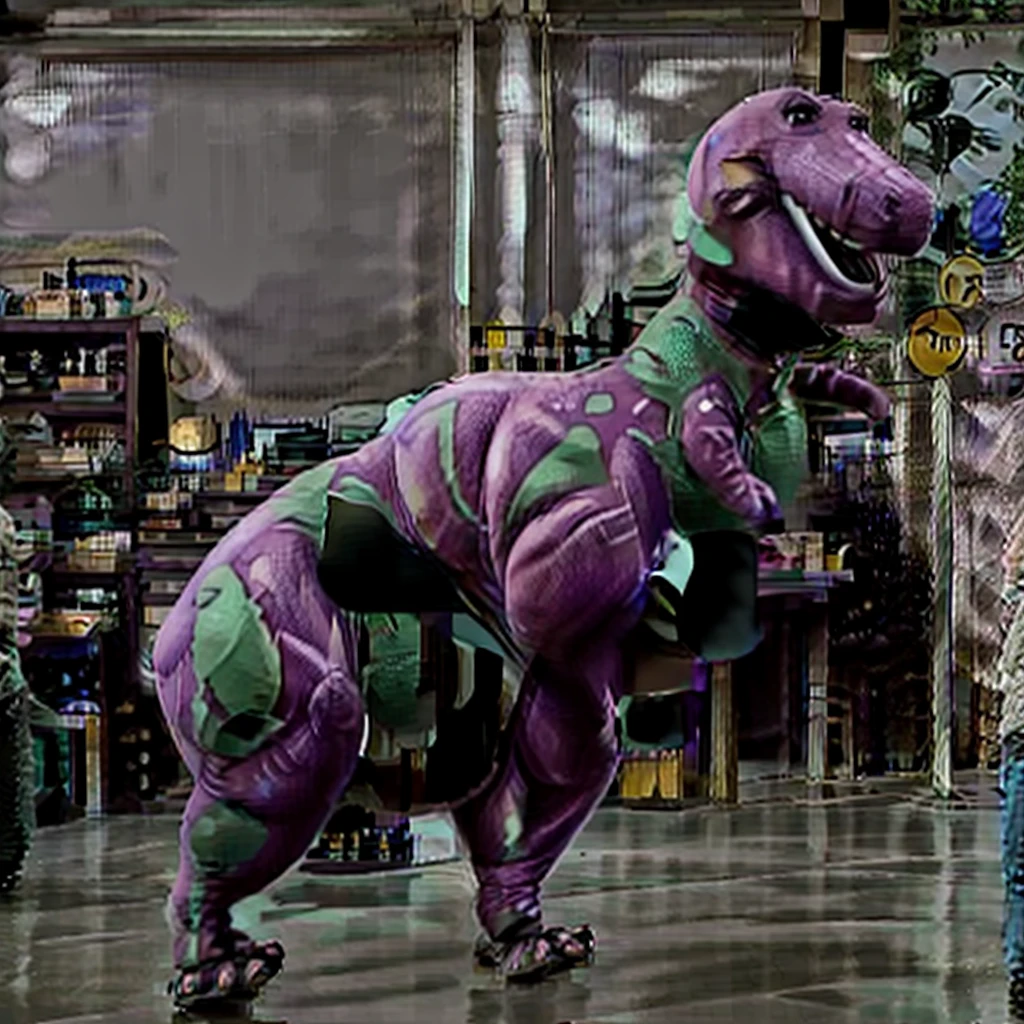 (raw photo, masterpiece, best quality, high detail), (8k, full frame, photorealistic, realistic), photo of a (dinosaur:1.4 barney:1.4 worker) working:1.6 at a computer, cubicle, office job,