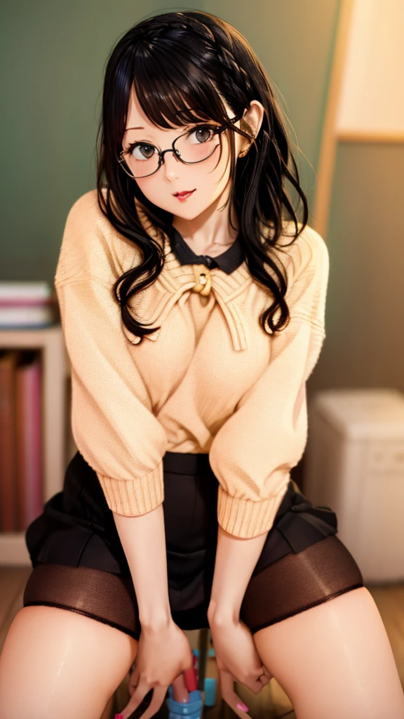 (((masterpiece,Highest Resolution,4K High Resolution,Crisp image quality:)Pussy juice(Inserting a dildo into a beautiful pussy)((Beautiful black hair braids,Glasses,Masturbation)(Beautiful big ,Beautiful nipples,Teaching books,Blushing and embarrassed,Spread your legs wide in an M shape,)(lipstick),Pubic hair(((Hot adult teacher)))Tight Skirt,Fishnet tights,sweater