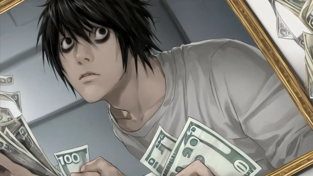1 boy, man, perfect anatomy, mesmerizing black eyes, 8k resolution, (one person), (realism: 1.2), (masterpiece: 1.2), (cowboy frame: 1.2), dark romantic lighting, (high detail: 1.2), (detailed face: 1.2), (gradients), bright detailed eyes, (natural light: 1.2), solo, indoors, perfect lighting, perfect facial features, perfect angle, perfectly drawn eyes, man, skinny, serious expression, money, dollars, gold around, dollars 
