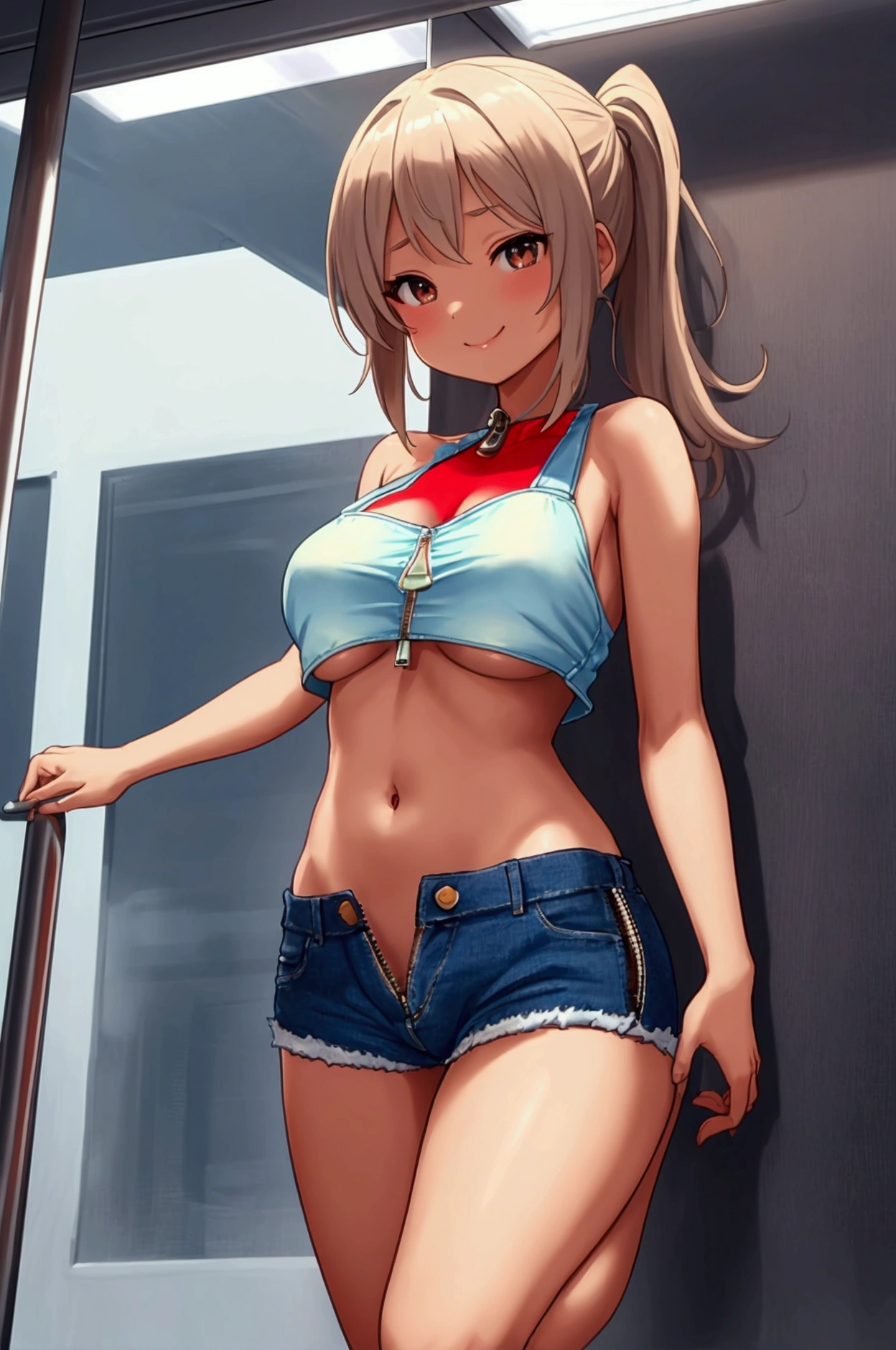 girl,Young,、(masterpiece,Highest quality),Street,Completely naked,Bare shoulders、gal、bionde、smile、passionate、(underboob),(Big Breasts),Cleavage,(stomach),Black mini tube top、looking at the camera、barefoot、Very short denim shorts(The zipper is broken),Button open(Ultra Micro Mini Shorts),Strong winds、独奏、Are standing、barefoot,In the subway、City、City of the near future、Inside the train、(Brown Skin)