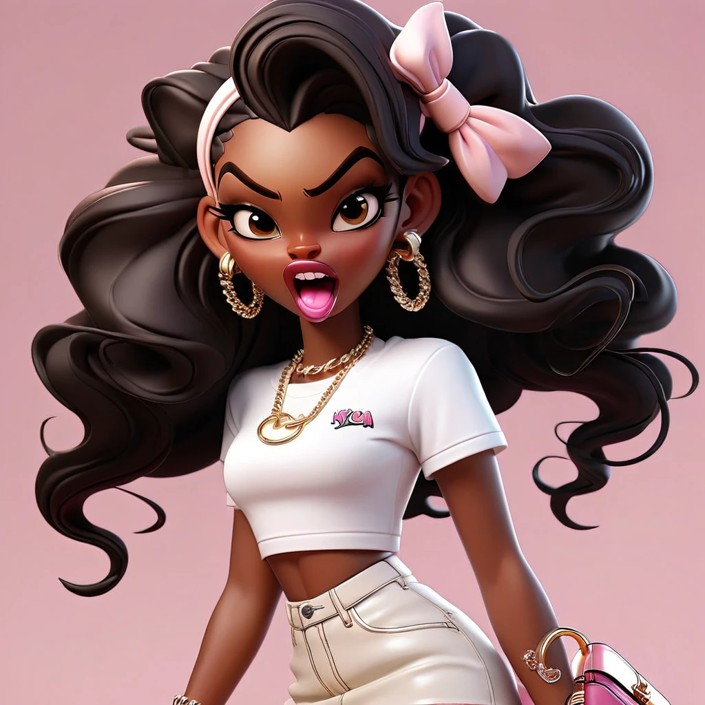 Cute 3D character, a angry brown skin woman in a white cropped t - shirt and a pink purse, y2k style, thick body, thick hips, black long straight hair , wearing a sexy cropped tops, diamond grillz on teeth, pink hair band, black short skirt, doja cat, wearing a cropped top, belly button showing, rapper, graphic tees shirt