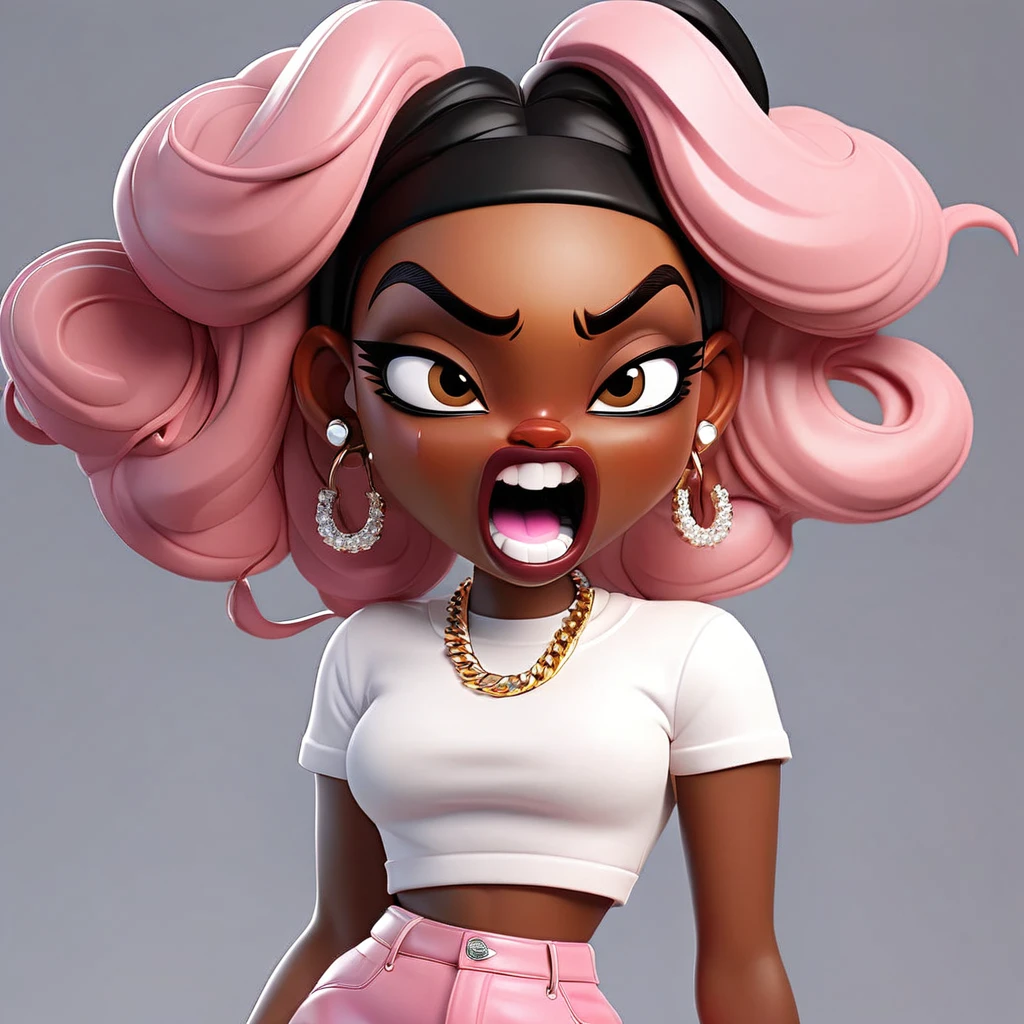 Cute 3D character, a angry brown skin woman in a white cropped t - shirt and a pink purse, y2k style, thick body, thick hips, black long straight hair , wearing a sexy cropped tops, diamond grillz on teeth, pink hair band, black short skirt, doja cat, wearing a cropped top, belly button showing, rapper, graphic tees shirt