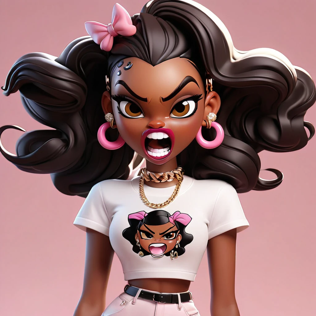 Cute 3D character, a angry brown skin woman in a white cropped t - shirt and a pink purse, y2k style, thick body, thick hips, black long straight hair , wearing a sexy cropped tops, diamond grillz on teeth, pink hair band, black short skirt, doja cat, wearing a cropped top, belly button showing, rapper, graphic tees shirt
