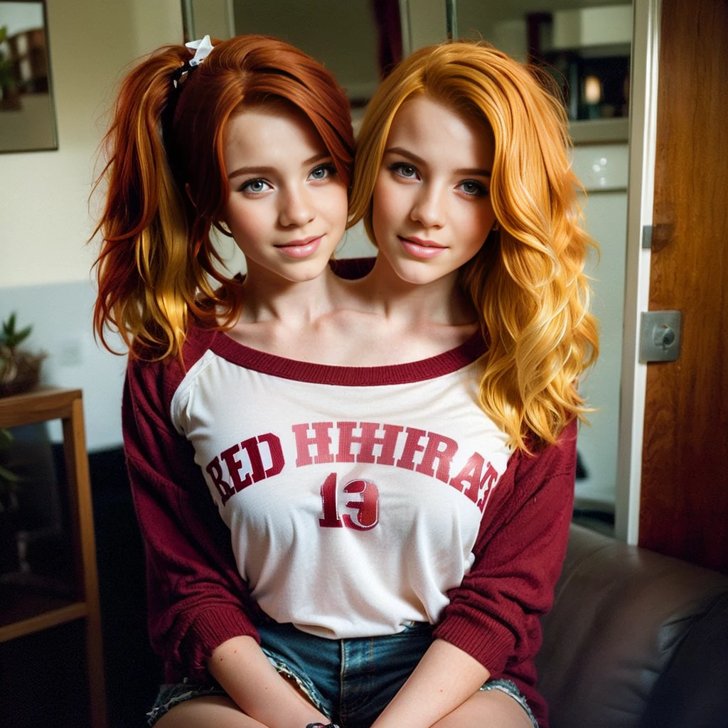 2heads, two headed girl, (:1.5), (red hair:1.5), (blonde hair:1.5)