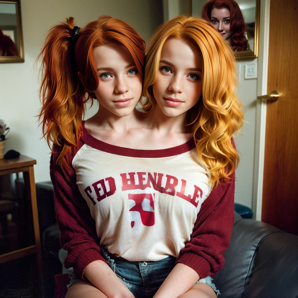 2heads, two headed girl, (13 years old:1.5), (red hair:1.5), (blonde hair:1.5)