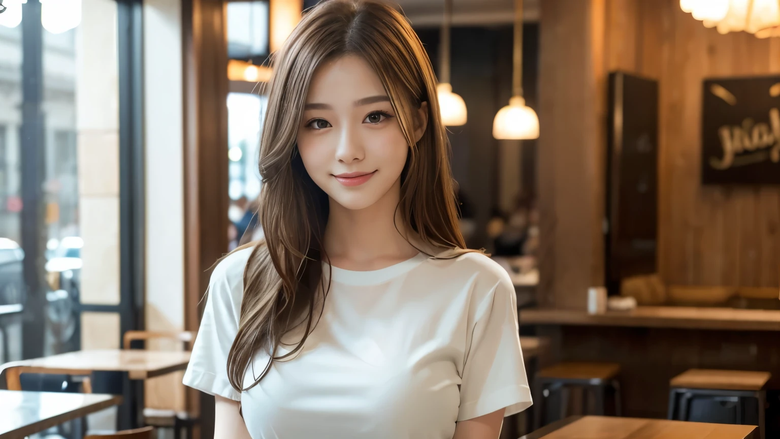 super high quality, smile, Slenderのネックレス, Slender, Gravure photoshoot, The staff is working at the counter in the back., (8k、RAW Photos、Highest quality、masterpiece:1.2), Stylish café, (Realistic、Photorealistic:1.37), Beautiful Face , Urban Cafe, Golden Ratio, Raw photo, Light Brown Hair, Small breasts, Bright cafe interior, Blurred Background, Famous actress, Summer clothes, Beautiful hairstyle, Photographed inside the cafe, Hair blowing in the wind, Neat clothes, T-Shirts, 18-year-old, Cool older sister, Stylish clothes,