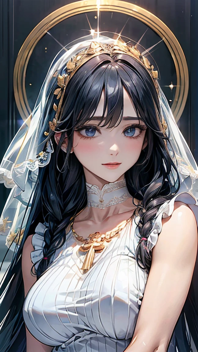 (Browsing Caution:1.2), (8k, RAW Photos, Best image quality, masterpiece: 1.4), (非常に精細なCG Unity 8k壁紙, Highest quality, High resolution: 1.2), (Ultra_Familiar, 超High resolution: 1.2), super highly Familiar, (Realistic, Realistic: 1.48), 1 girl, Focus Only,(Braiding:1.5), Side Lock, bangs, ((Dark navy blue eyes:1.4, Droopy eyes, Beautiful eyelashes)), Clear Eyes,Large Breasts,, (((Shiny long black hair))), beautiful Familiar (((White Veil))), ((With a gold cross around his neck)), ((A golden rosary shining on my chest)),Captivating smile, Beautiful and delicate eyes with exquisite detail,Extremely accurate details,Skin dents,Outdoor,Perfect Face,Perfect body, Beautiful Eyes, Beautiful Face, ((Thick white choker)),white dress white dress sexy costume perforated bodycon dress dress bodycon cosplay sexy bodycon dress open hip dress inner harness dress sleeveless dress mini ,形の良いLarge Breasts、Beautiful breasts,((calm and gentle smile)), ,Long, slender limbs,