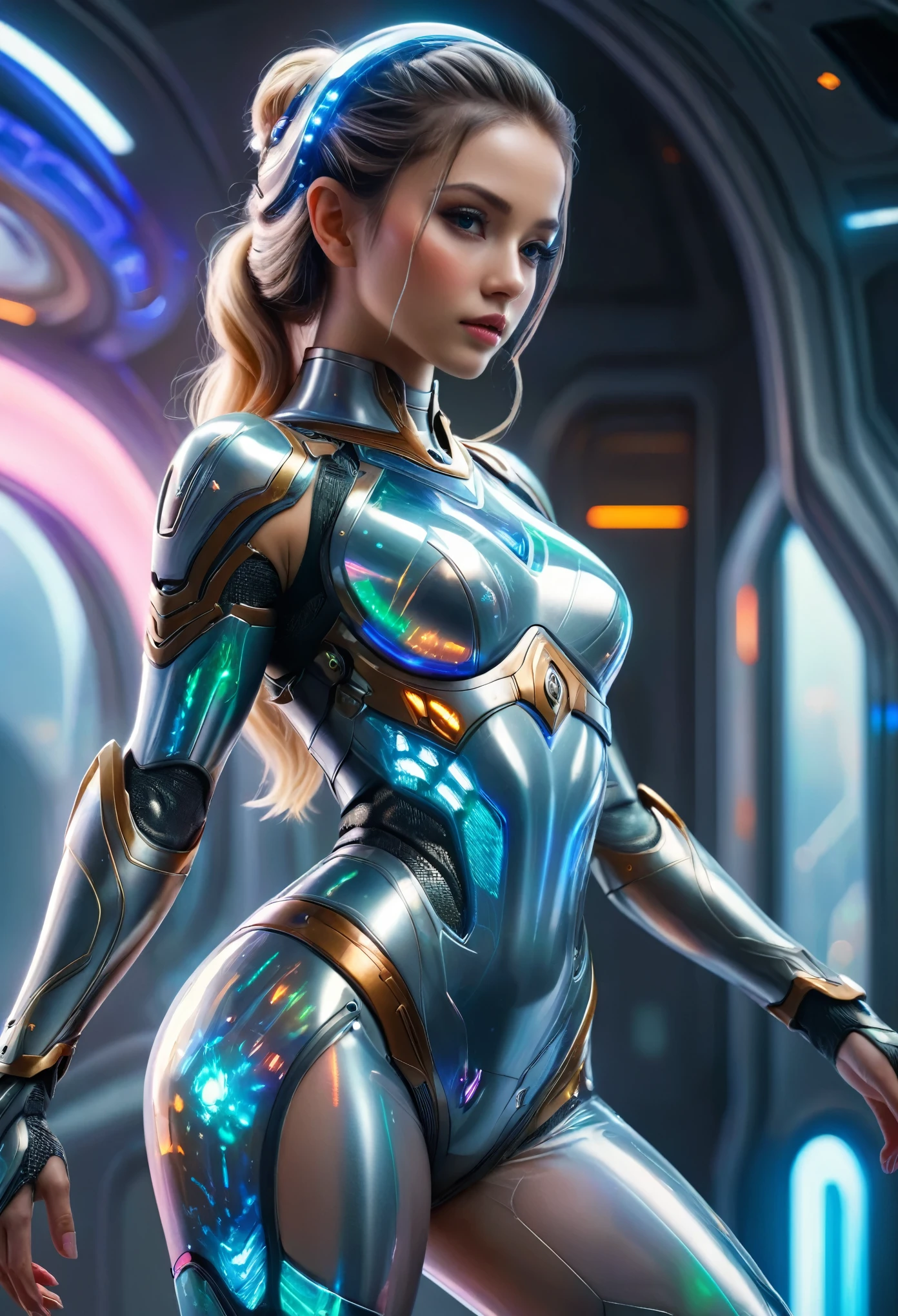 (best quality,4k,highres,masterpiece:1.2),ultra-detailed,(realistic,photorealistic:1.37), 1 extraordinarily beautiful android princess, (sci-fi futuristic transparent armor:1.7), extraordinarily sexy, expressive, seductive face, ral-opal, (full body, standing on a spaceship:1.4), cameltoe, beautiful detailed eyes, beautiful detailed lips, extremely detailed face and eyes, long eyelashes, hkstyle, hair updo, HDR, UHD, studio lighting, ultra-fine painting, sharp focus, physically-based rendering, extreme detail description, professional, vivid colors, bokeh, sci-fi, concept art, hair band, (transparent:1.4) beautiful long legs, beautiful thighs, seductive posing, erotic posing, ((Put both of her hands behind her head:1.4))