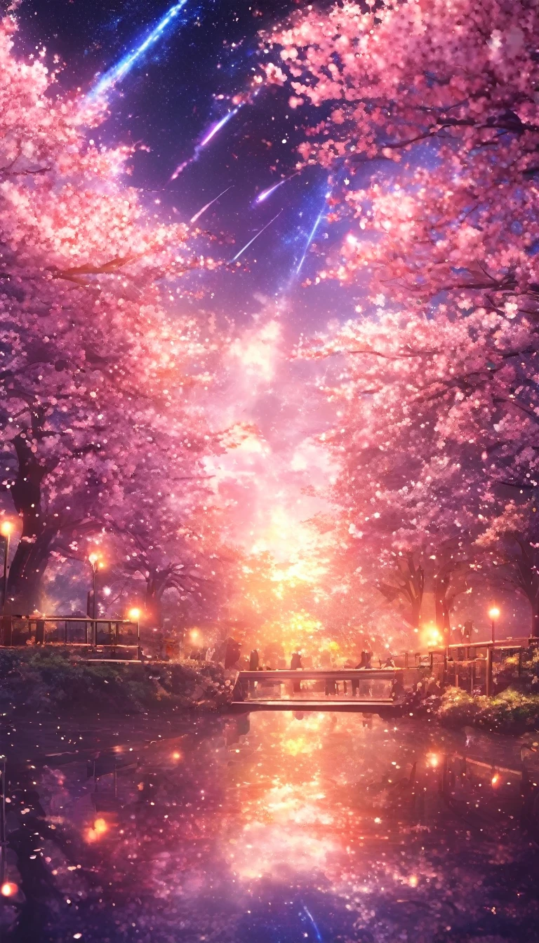 masterpiece, Concept Art, Panorama, in the center, shape, Wide Shot, garden, night, (meteor), Space galaxy background, (Great composition, Epic scale), Dynamic Lighting, Bright colors, cherry blossoms,Parks in Tokyo