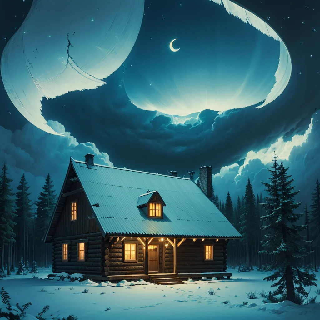 A cabin in the heart of the quiet forest., illuminated from within, throwing a soft, A welcoming glow amidst the surrounding darkness.. The sky above is mesmerizingly deep blue., interspersed with fluffy clouds, twinkling stars and ethereal crescent moons. To increase the charm, Luminous butterflies of various sizes dance gracefully in the air, its wings illuminated with an almost magical luminescence