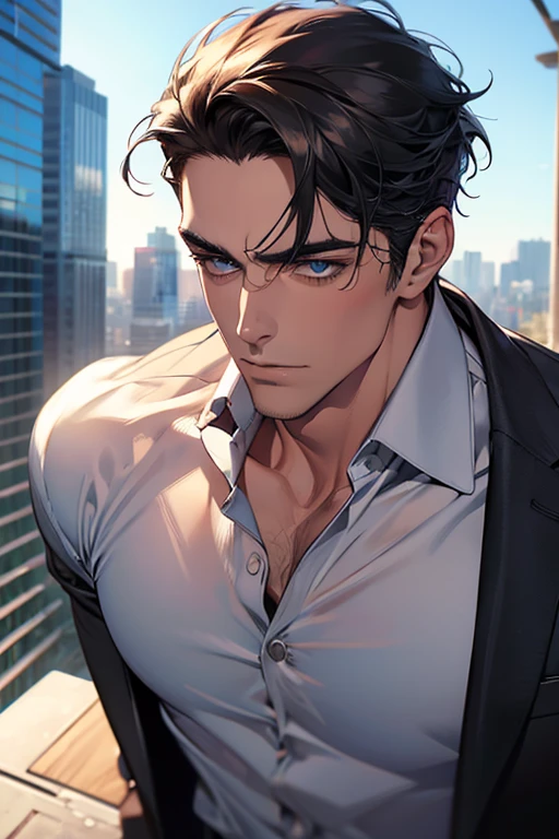 (Best Quality,4k,8k,high resolution,Masterpiece:1.2),ultra detailed,(realist,photorealist,photo-realist:1.37),1 man,31 years,mature man,very handsome,without expresion,muscled body,short gray black hair,Blue eyes,glare,perfect face without mistakes,imposing posture,businessman,office background,cinematic lighting,imagen HDR