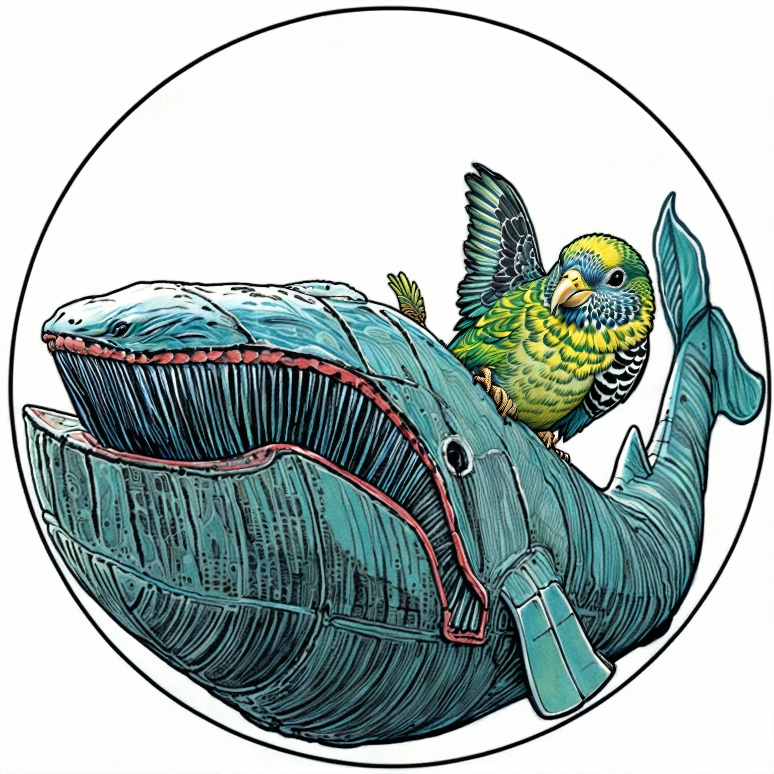 there is a budgie that is sitting on a whale's back, cyborg whale, full color illustration, space whale, flying whale, by David G. Sorensen, an illustration of, whale, inspired by Yuko Shimizu, by Tom La Padula, inspired by Tim Doyle, wildlife illustration, by Joe Stefanelli, subreddit / r / whale