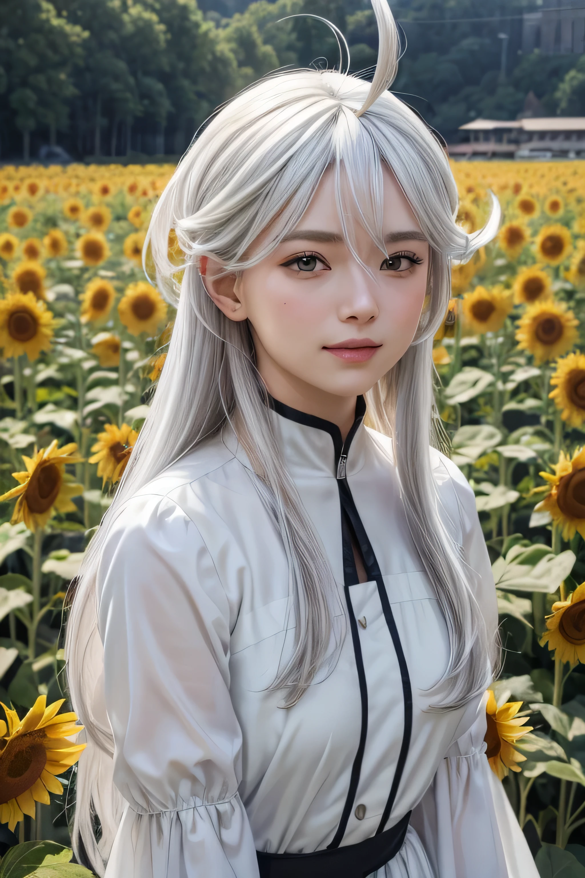 masterpiece, best quality, (realistic,photo-realistic:1.4), (RAW photo:1.2), extremely detailed CG unity 8k wallpaper, delicate and beautiful, amazing,finely detail, official art, absurdres, incredibly absurdres, huge filesize, ultra-detailed,extremely detailed eyes and face,light on face,miorine rembran,(little smile),(white hair:1.4),(long hair:1.4),(wearing white dress:1.4),winter background,sunflower yard,(ahoge:1.5)