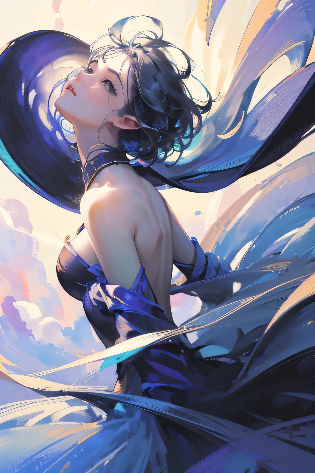 (Close-up image:1.4)((masterpiece:1.5,Highest quality,Beautiful images、2.5D、Abstract、Artistic、Watercolor))(One girl, 独奏)(Cute Girls、large breasts, Gray Hair、short hair、Beautiful breasts、Beautiful breasts cleavage),(profile、Look at an angle、shake your head、Sad look, Floating Hair、Backlight)(Plain background:1.5)((Dynamic Angle:1.5)). (Hanfu、Off the shoulder、sexly). ((from side))
