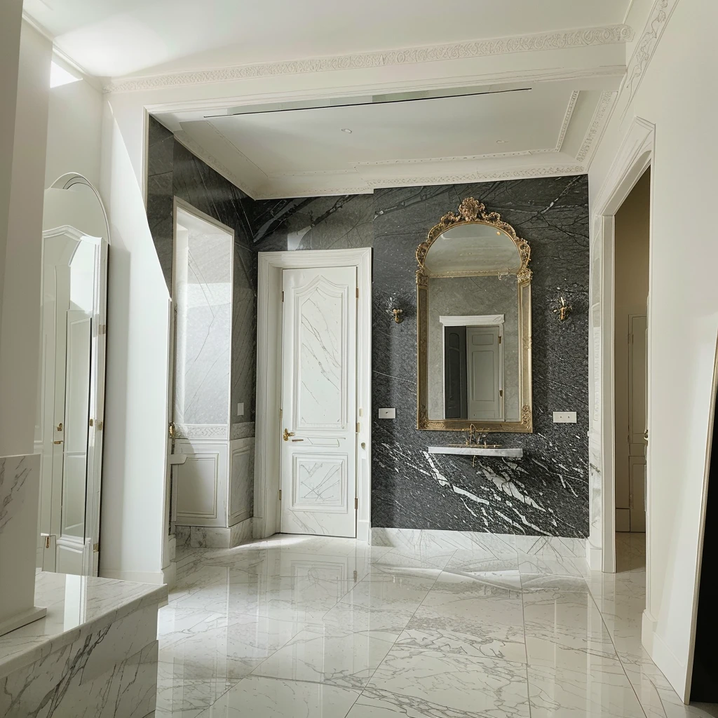 There is an 82cm x 25cm x 82cm MIRROR OF ENCHANTMENT CLASSIC on the wall which is the visual focus ，DIOR advertising style，furniture advertising graphic photography, italian castle, stucco wall,Black and white marble floor、 Italian masterpiece, Great masterpiece，Elegant
