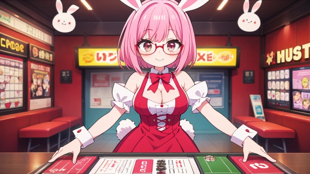 solo,whole body,Standing position right,Light pink hair,Bob Hair,Red Glasses,Bunny girl,Bingo Games,smile,Big Breasts,cute,