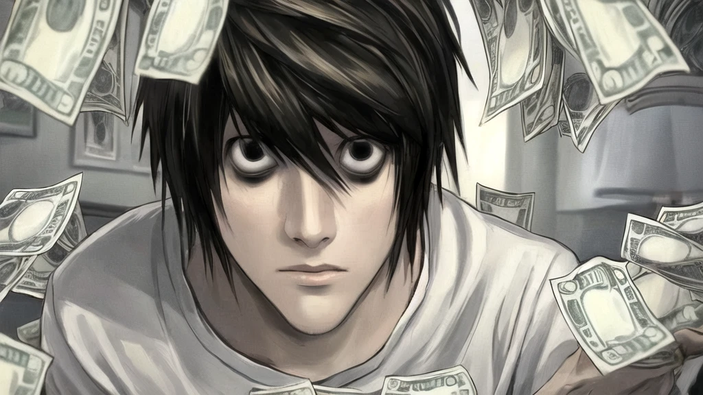 1 boy, man, perfect anatomy, mesmerizing black eyes, 8k resolution, (one person), (realism: 1.2), (masterpiece: 1.2), (cowboy frame: 1.2), dark romantic lighting, (high detail: 1.2), (detailed face: 1.2), (gradients), bright detailed eyes, (natural light: 1.2), solo, indoors, perfect lighting, perfect facial features, perfect angle, perfectly drawn eyes, man, skinny, serious expression, money, dollars, gold around, dollars