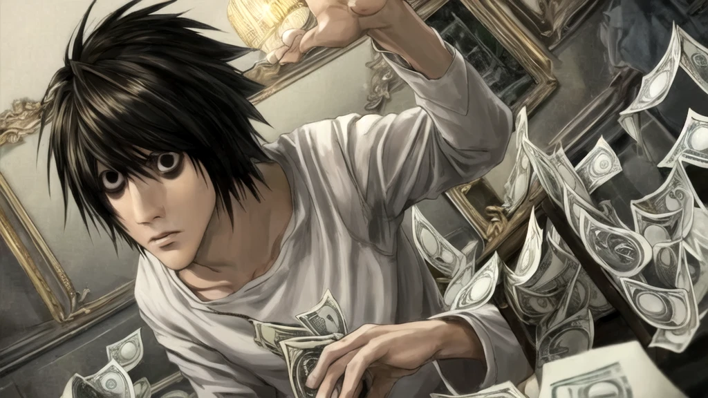 1 boy, man, perfect anatomy, mesmerizing black eyes, 8k resolution, (one person), (realism: 1.2), (masterpiece: 1.2), (cowboy frame: 1.2), dark romantic lighting, (high detail: 1.2), (detailed face: 1.2), (gradients), bright detailed eyes, (natural light: 1.2), solo, indoors, perfect lighting, perfect facial features, perfect angle, perfectly drawn eyes, man, skinny, serious expression, money, dollars, gold around, dollars 