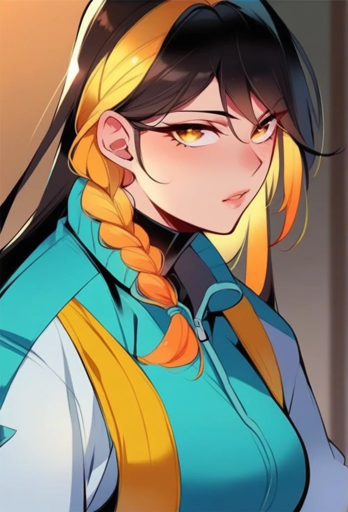 juder_style, score_9, score_8_up, score_7_up, score_6_up, score_5_up, score_4_up, hd, (ultra hd quality details), 8K, 1girl, long hair, Hourglass body, yellow eyes, yellow hair, black hair, 2d illustration, long braid, cyan varsity jacket