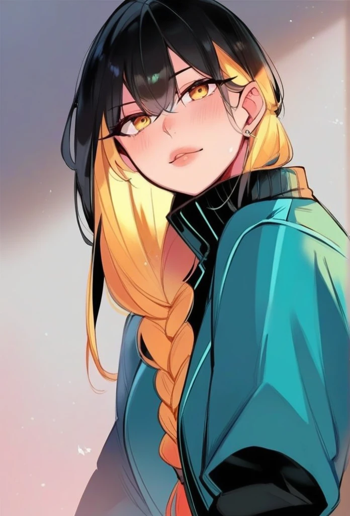 juder_style, score_9, score_8_up, score_7_up, score_6_up, score_5_up, score_4_up, hd, (ultra hd quality details), 8K, 1girl, long hair, Hourglass body, yellow eyes, yellow hair, black hair, 2d illustration, long braid, cyan varsity jacket