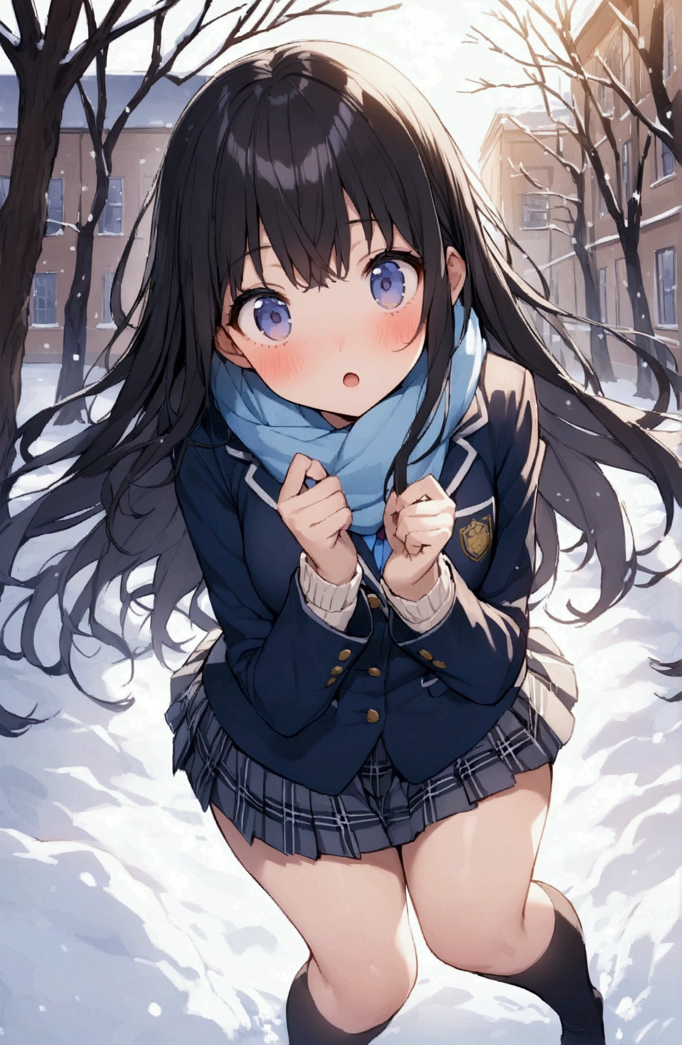 One Woman、beautiful girl、after school、evening、high school girl、Academy、Back of the school building、Schoolyard、winter、Under a big tree、It's snowing、Snowfall、Blazer uniform、Pleated skirt、Duffle coat、Black knee-high socks、Long Hair、Wearing a scarf、Highest quality, Thick thighs、Big 、Black Hair、Slipping on snow、Slip and fall、Fall forward spectacularly、Black panties、Surprised expression