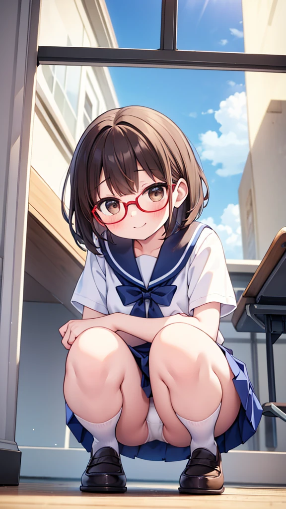 squat、fun、comical smile、Shynesischief、Expectations、surprise、Shyness、School、classroom、Midsummer、blue sky、Daytime、pretty girl , Shooting from below, One Girl, Brown Hair、Very short hairstyle, Brown eyes、Red frame glasses、Short sleeve white blouse, Navy Blue Skirt, Navy blue socks, Brown Loafers, White panties、Simple design Masterpiece